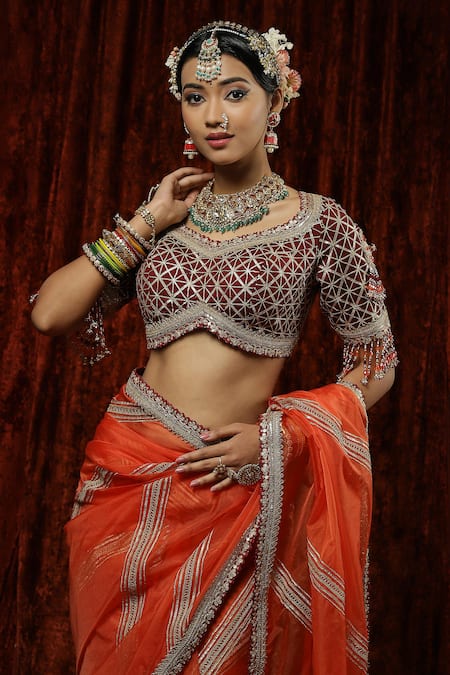 Shikhar Sharma Orange Saree Organza Embroidery Badla Leaf Stripe With Silk Chanderi Blouse at Aza Fashions Shikhar Sharma_Orange Saree Organza Embroidery Badla Leaf Stripe With Silk Chanderi Blouse _at_Aza_Fashions