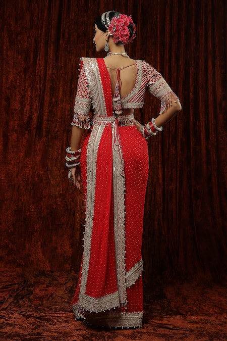 Shikhar Sharma Laal Gulab Guccha Saree With Silk Chanderi Blouse 