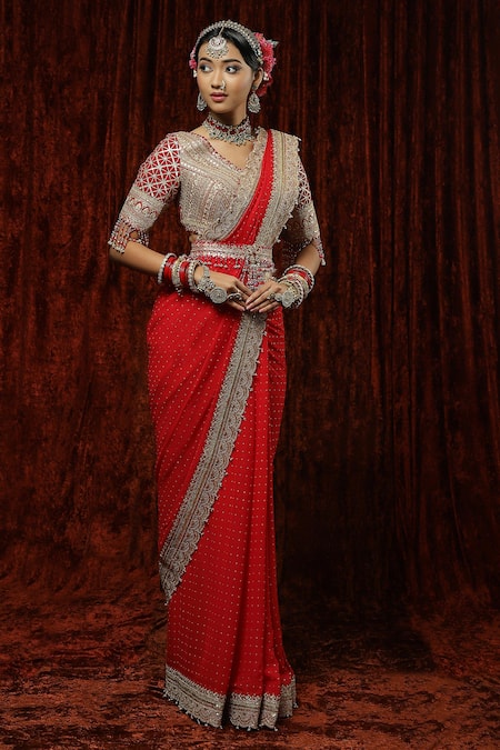 Shikhar Sharma Red Saree Georgette Embroidery Laal Gulab Guccha With Silk Chanderi Blouse Online at Aza Fashions Shikhar Sharma_Red Saree Georgette Embroidery Laal Gulab Guccha With Silk Chanderi Blouse _Online_at_Aza_Fashions