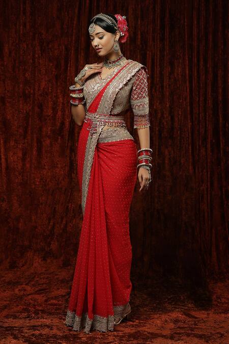 Buy Shikhar Sharma Red Saree Georgette Embroidery Laal Gulab Guccha With Silk Chanderi Blouse Online at Aza Fashions Buy_Shikhar Sharma_Red Saree Georgette Embroidery Laal Gulab Guccha With Silk Chanderi Blouse _Online_at_Aza_Fashions