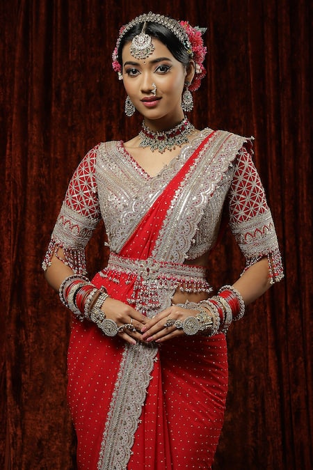 Shop Shikhar Sharma Red Saree Georgette Embroidery Laal Gulab Guccha With Silk Chanderi Blouse Online at Aza Fashions Shop_Shikhar Sharma_Red Saree Georgette Embroidery Laal Gulab Guccha With Silk Chanderi Blouse _Online_at_Aza_Fashions