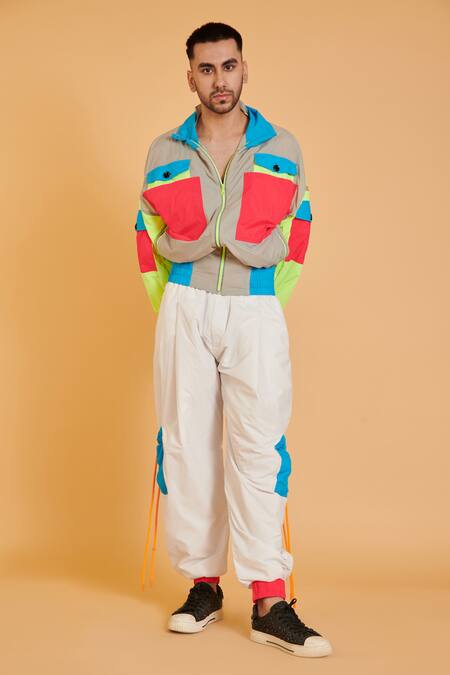 Siddartha Tytler Multi Color Polyester Colorblock Parka And Joggers Set
