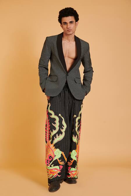 Siddartha Tytler Black Kota Doria Horizontal Stripe Print Tuxedo Blazer