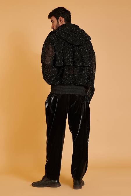 Shop Siddartha Tytler Black Crepe Crystals Embroidered Mesh Jacket at Aza Fashions Shop_Siddartha Tytler_Black Crepe Crystals Embroidered Mesh Jacket_at_Aza_Fashions