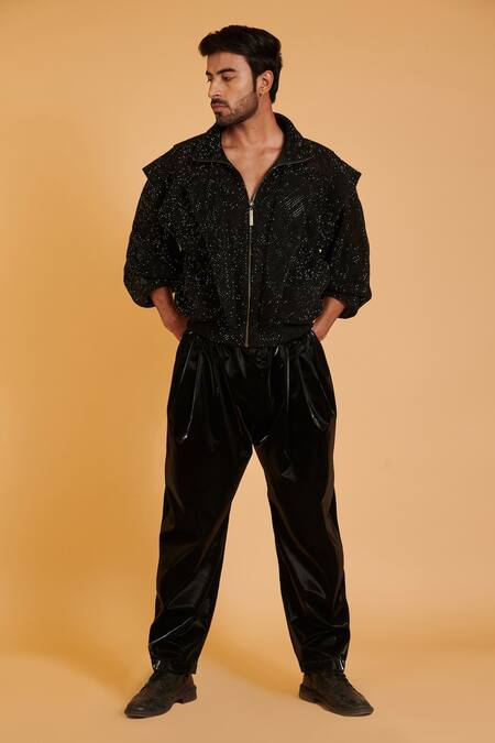 Siddartha Tytler Black Crepe Crystals Embroidered Mesh Thriller Jacket