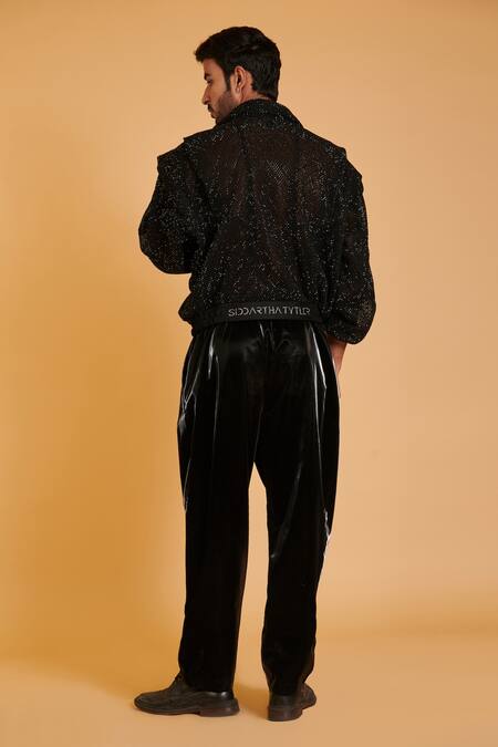 Shop Siddartha Tytler Black Crepe Crystals Embroidered Mesh Thriller Jacket at Aza Fashions Shop_Siddartha Tytler_Black Crepe Crystals Embroidered Mesh Thriller Jacket_at_Aza_Fashions