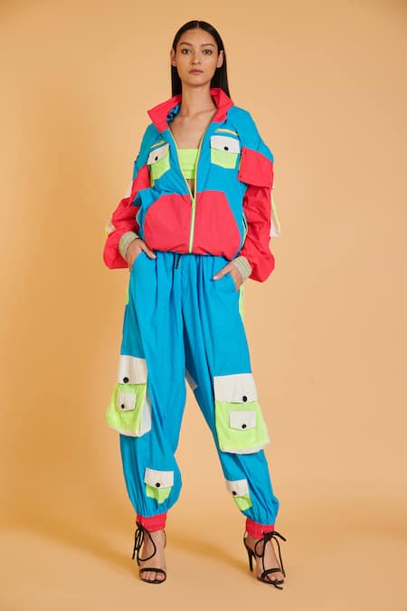 Siddartha Tytler Multi Color Parachute Plain High Neck Colorblock Parka And Joggers Set  