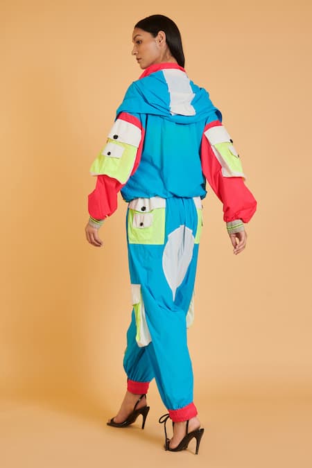 Shop Siddartha Tytler Multi Color Polyester High Neck Colorblock Parka And Joggers Set at Aza Fashions Shop_Siddartha Tytler_Multi Color Polyester High Neck Colorblock Parka And Joggers Set_at_Aza_Fashions