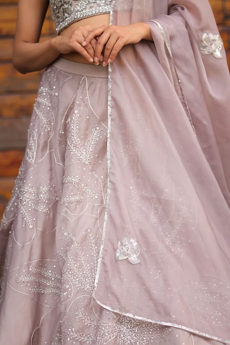 House Of Tushaom_Grey Organza Embroidery Sequin U Neck Lehenga Set _Online_at_Aza_Fashions