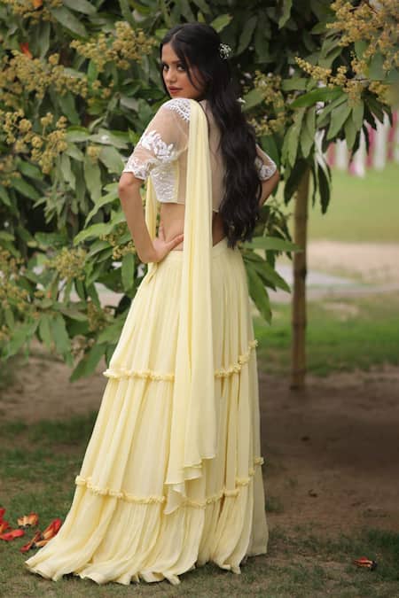 House Of Tushaom Tiered Yellow Embroidered Lehenga Set 