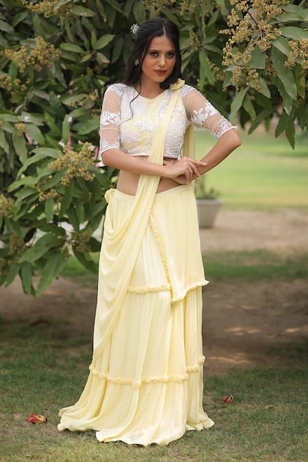 House Of Tushaom_Yellow Georgette Embroidery Sequin Round Tiered Lehenga Set _Online_at_Aza_Fashions