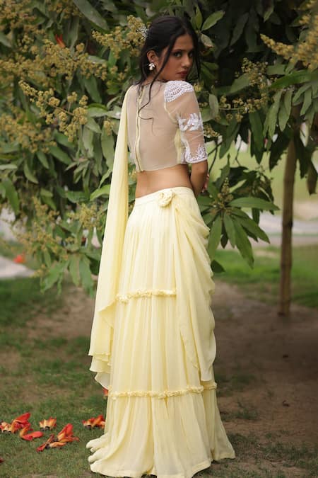 Shop_House Of Tushaom_Yellow Georgette Embroidery Sequin Round Tiered Lehenga Set _Online_at_Aza_Fashions