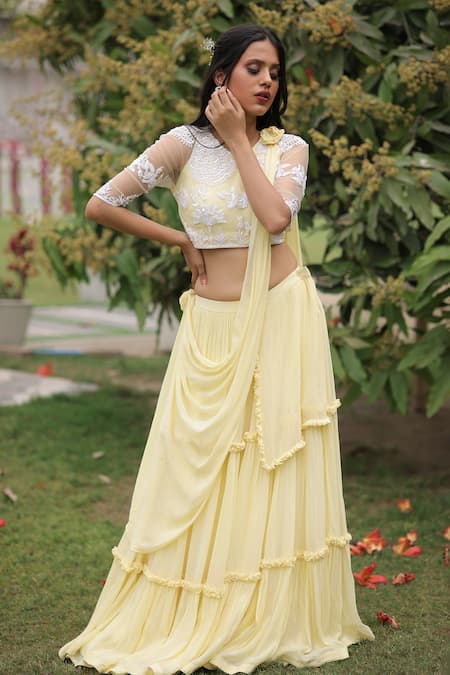 House Of Tushaom_Yellow Georgette Embroidery Sequin Round Tiered Lehenga Set _at_Aza_Fashions