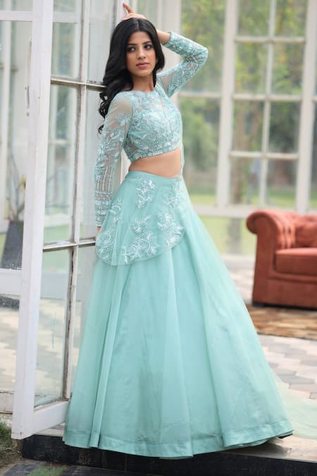House Of Tushaom_Green Organza Embroidery Sequin Round Blouse Lehenga Set _Online_at_Aza_Fashions