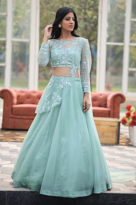 Shop_House Of Tushaom_Green Organza Embroidery Sequin Round Blouse Lehenga Set _Online_at_Aza_Fashions