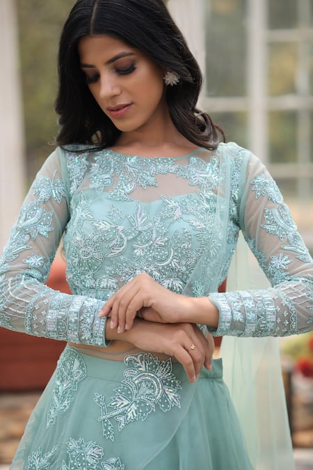 House Of Tushaom_Green Organza Embroidery Sequin Round Blouse Lehenga Set _at_Aza_Fashions