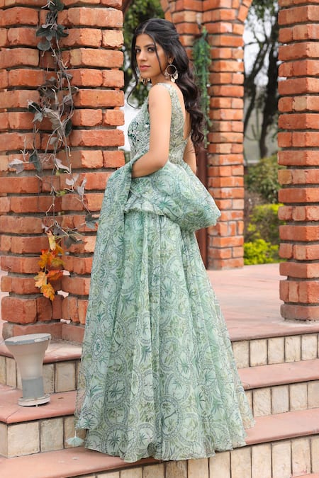 House Of Tushaom_Green Organza Printed Tropical Notched Lehenga Set _Online_at_Aza_Fashions
