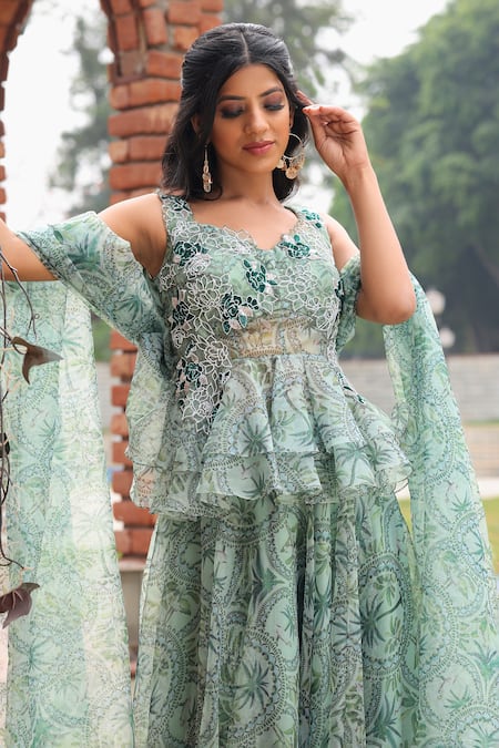 Buy_House Of Tushaom_Green Organza Printed Tropical Notched Lehenga Set _Online_at_Aza_Fashions