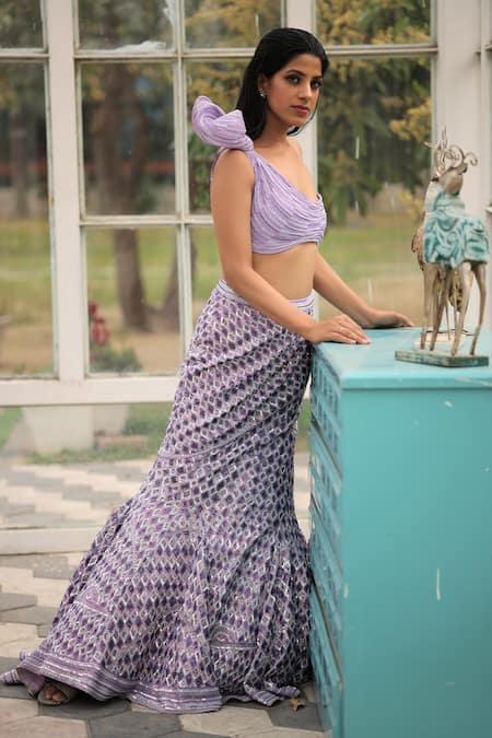 Buy_House Of Tushaom_Purple Net Embellished Sequin Asymmetric Swarovski Mermaid Skirt And Top Set _Online_at_Aza_Fashions