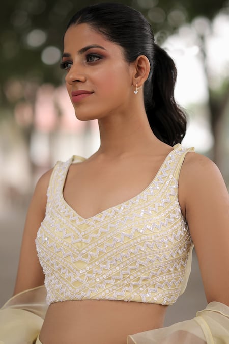 Shop_House Of Tushaom_Yellow Organza Embroidery Sequin Leaf Neck Lehenga Set _Online_at_Aza_Fashions