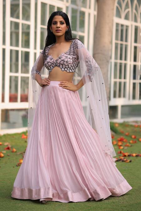 House Of Tushaom_Pink Georgette Embroidery Sequin Sweetheart Neck Pleated Cutdana Lehenga Set _Online_at_Aza_Fashions