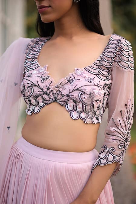Shop_House Of Tushaom_Pink Georgette Embroidery Sequin Sweetheart Neck Pleated Cutdana Lehenga Set _Online_at_Aza_Fashions