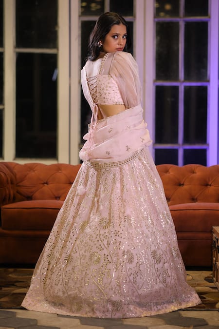 Buy Pink Raw Silk Embroidered Pearl V Neck Embellished Bridal Lehenga Set  For Women by The House of Exotique Online at Aza Fashions.