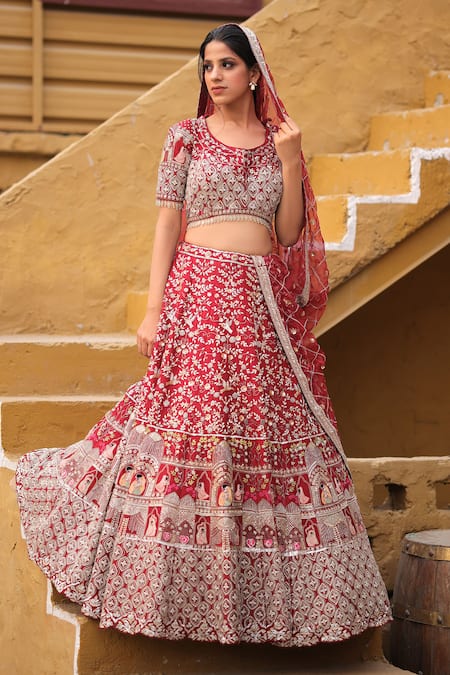 Shop_House Of Tushaom_Red Silk Diamonds, Embroidery, Cut Work, Sequins Raja Rani Bridal Lehenga Set _Online_at_Aza_Fashions