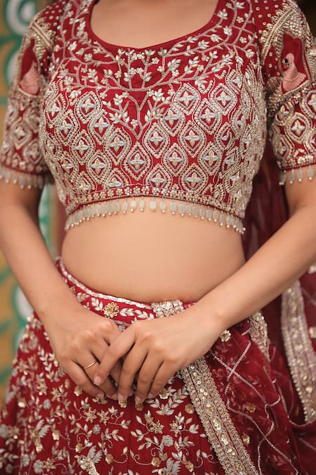 House Of Tushaom_Red Silk Diamonds, Embroidery, Cut Work, Sequins Raja Rani Bridal Lehenga Set _at_Aza_Fashions