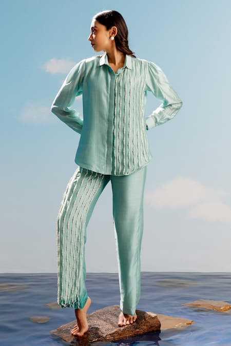 Harshita Jain Green Muslin, Silk Pearls Collared Embroidered Shirt And Pant Set 