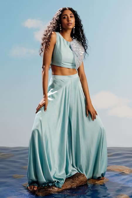 Harshita Jain Blue Embroidered Crop Top And Flared Pant Set 