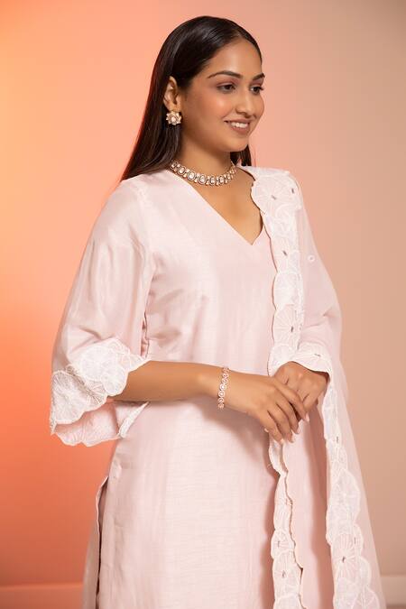 Buy Harshita Jain Pink Cotton Silk Applique Embroidered Sequins V Neck Hem Kurta Pant Set Online at Aza Fashions Buy_Harshita Jain_Pink Cotton Silk Applique Embroidered Sequins V Neck Hem Kurta Pant Set _Online_at_Aza_Fashions