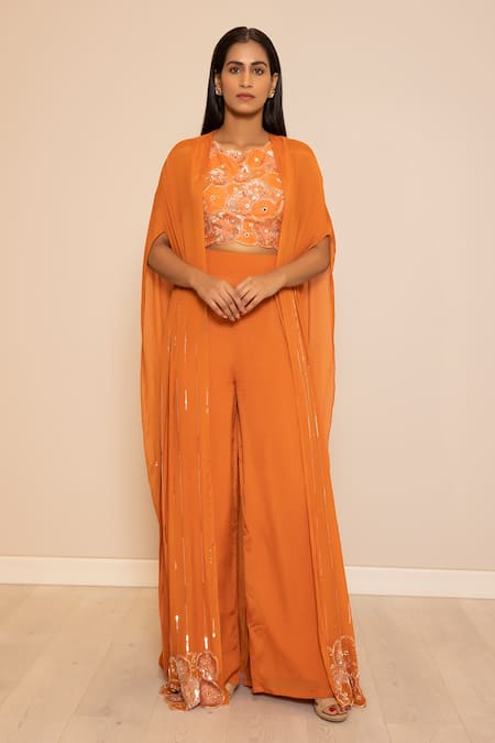Shop Harshita Jain Orange Silk, Chiffon Sequins, Cut Work Embroidered Asymmetric Cape Pant Set at Aza Fashions Shop_Harshita Jain_Orange Silk, Chiffon Sequins, Cut Work Embroidered Asymmetric Cape Pant Set _at_Aza_Fashions