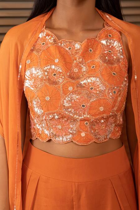 Buy Harshita Jain Orange Silk, Chiffon Sequins, Cut Work Embroidered Asymmetric Cape Pant Set Online at Aza Fashions Buy_Harshita Jain_Orange Silk, Chiffon Sequins, Cut Work Embroidered Asymmetric Cape Pant Set _Online_at_Aza_Fashions