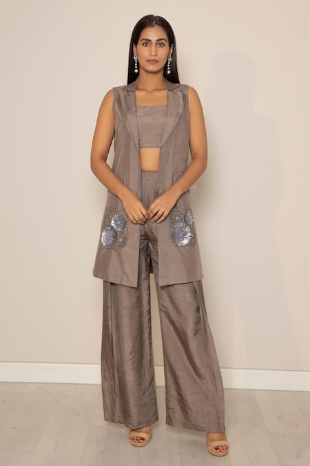Harshita Jain Grey Cotton, Silk Cut Work, Sequins Round Pocket Embroidered Jacket Pant Set