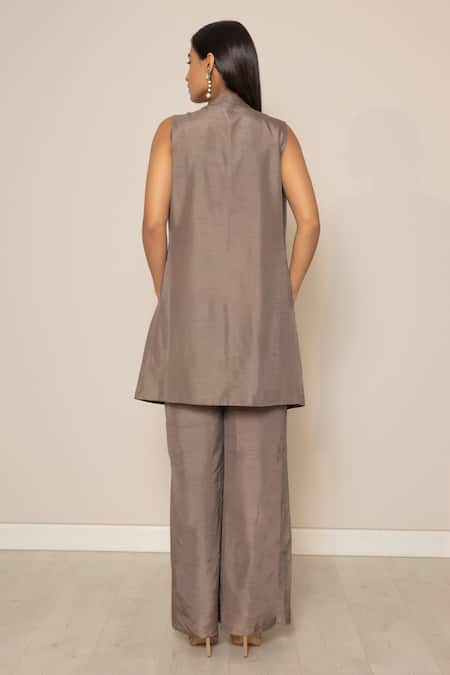 Shop Harshita Jain Grey Cotton, Silk Cut Work, Sequins Round Pocket Embroidered Jacket Pant Set at Aza Fashions Shop_Harshita Jain_Grey Cotton, Silk Cut Work, Sequins Round Pocket Embroidered Jacket Pant Set _at_Aza_Fashions