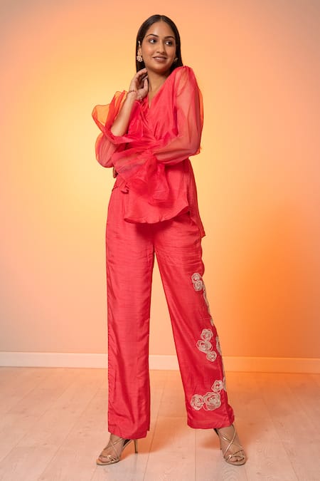 Shop Harshita Jain Pink Silk Organza Embroidery, Sequins V-neck Wrap Top And Straight Pant Set at Aza Fashions Shop_Harshita Jain_Pink Silk Organza Embroidery, Sequins V-neck Wrap Top And Straight Pant Set _at_Aza_Fashions