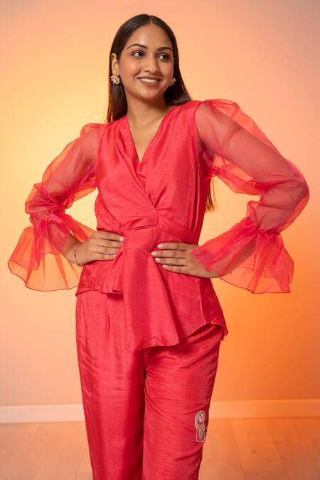 Buy Harshita Jain Pink Silk Organza Embroidery, Sequins V-neck Wrap Top And Straight Pant Set Online at Aza Fashions Buy_Harshita Jain_Pink Silk Organza Embroidery, Sequins V-neck Wrap Top And Straight Pant Set _Online_at_Aza_Fashions