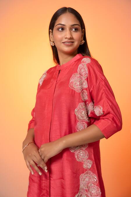 Harshita Jain_Pink Cotton, Silk Sequins, Cut Work, Embroidery Mandarin Cutdana Pant Set _Online_at_Aza_Fashions