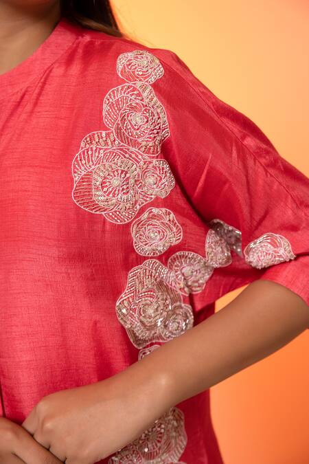 Buy_Harshita Jain_Pink Cotton, Silk Sequins, Cut Work, Embroidery Mandarin Cutdana Pant Set _Online_at_Aza_Fashions