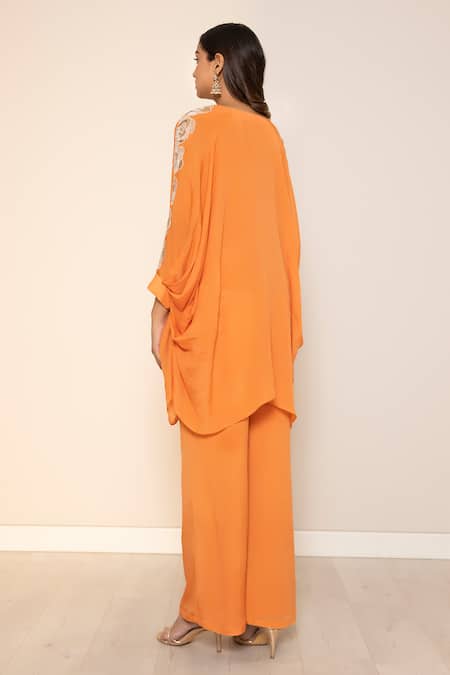 Shop Harshita Jain Orange Chiffon Embroidery V-neck Sleeve Top And Pant Set at Aza Fashions Shop_Harshita Jain_Orange Chiffon Embroidery V-neck Sleeve Top And Pant Set _at_Aza_Fashions