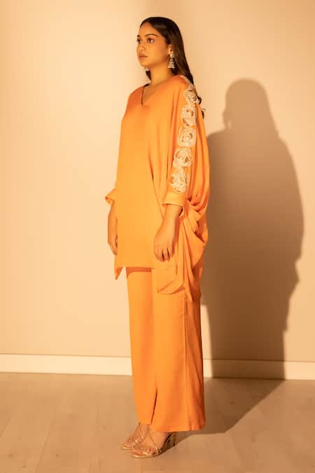 Harshita Jain Orange Chiffon Embroidery V-neck Sleeve Top And Pant Set Online at Aza Fashions Harshita Jain_Orange Chiffon Embroidery V-neck Sleeve Top And Pant Set _Online_at_Aza_Fashions