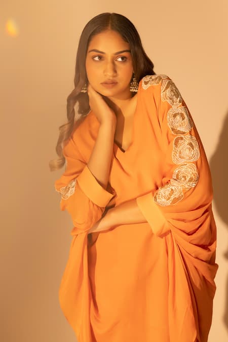 Buy Harshita Jain Orange Chiffon Embroidery V-neck Sleeve Top And Pant Set Online at Aza Fashions Buy_Harshita Jain_Orange Chiffon Embroidery V-neck Sleeve Top And Pant Set _Online_at_Aza_Fashions