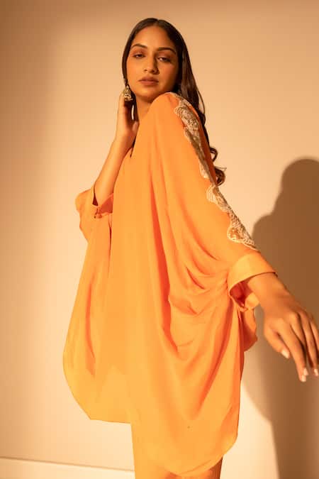 Shop Harshita Jain Orange Chiffon Embroidery V-neck Sleeve Top And Pant Set Online at Aza Fashions Shop_Harshita Jain_Orange Chiffon Embroidery V-neck Sleeve Top And Pant Set _Online_at_Aza_Fashions