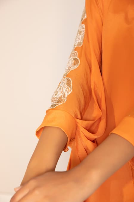 Harshita Jain Orange Chiffon Embroidery V-neck Sleeve Top And Pant Set at Aza Fashions Harshita Jain_Orange Chiffon Embroidery V-neck Sleeve Top And Pant Set _at_Aza_Fashions