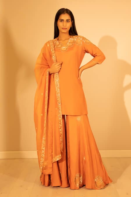 Harshita Jain Orange Silk Organza Embroidered Mirror Scallop Short Kurta Sharara Set  