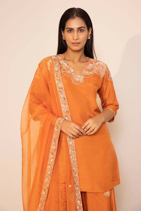 Harshita Jain Orange Silk Organza Sequins, Cut Work, Mirrors Embroidered Kurta Sharara Set Online at Aza Fashions Harshita Jain_Orange Silk Organza Sequins, Cut Work, Mirrors Embroidered Kurta Sharara Set _Online_at_Aza_Fashions