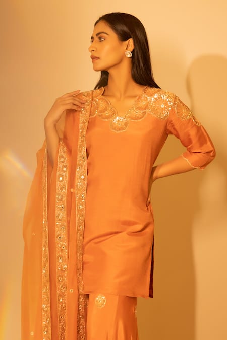Buy Harshita Jain Orange Silk Organza Sequins, Cut Work, Mirrors Embroidered Kurta Sharara Set Online at Aza Fashions Buy_Harshita Jain_Orange Silk Organza Sequins, Cut Work, Mirrors Embroidered Kurta Sharara Set _Online_at_Aza_Fashions