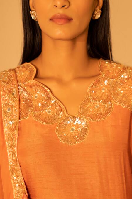 Shop Harshita Jain Orange Silk Organza Sequins, Cut Work, Mirrors Embroidered Kurta Sharara Set Online at Aza Fashions Shop_Harshita Jain_Orange Silk Organza Sequins, Cut Work, Mirrors Embroidered Kurta Sharara Set _Online_at_Aza_Fashions