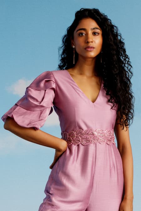 Harshita Jain Purple Muslin, Silk, Satin, Organza V-neck Layered Sleeve Jumpsuit Online at Aza Fashions Harshita Jain_Purple Muslin, Silk, Satin, Organza V-neck Layered Sleeve Jumpsuit _Online_at_Aza_Fashions